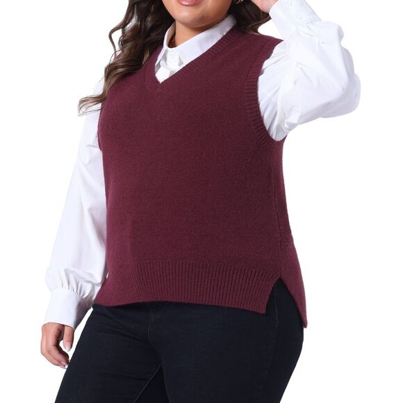 Plus Size V Neck Striped Knit Casual Pullover Sweater Vests Burgundy - Picture 2 of 6